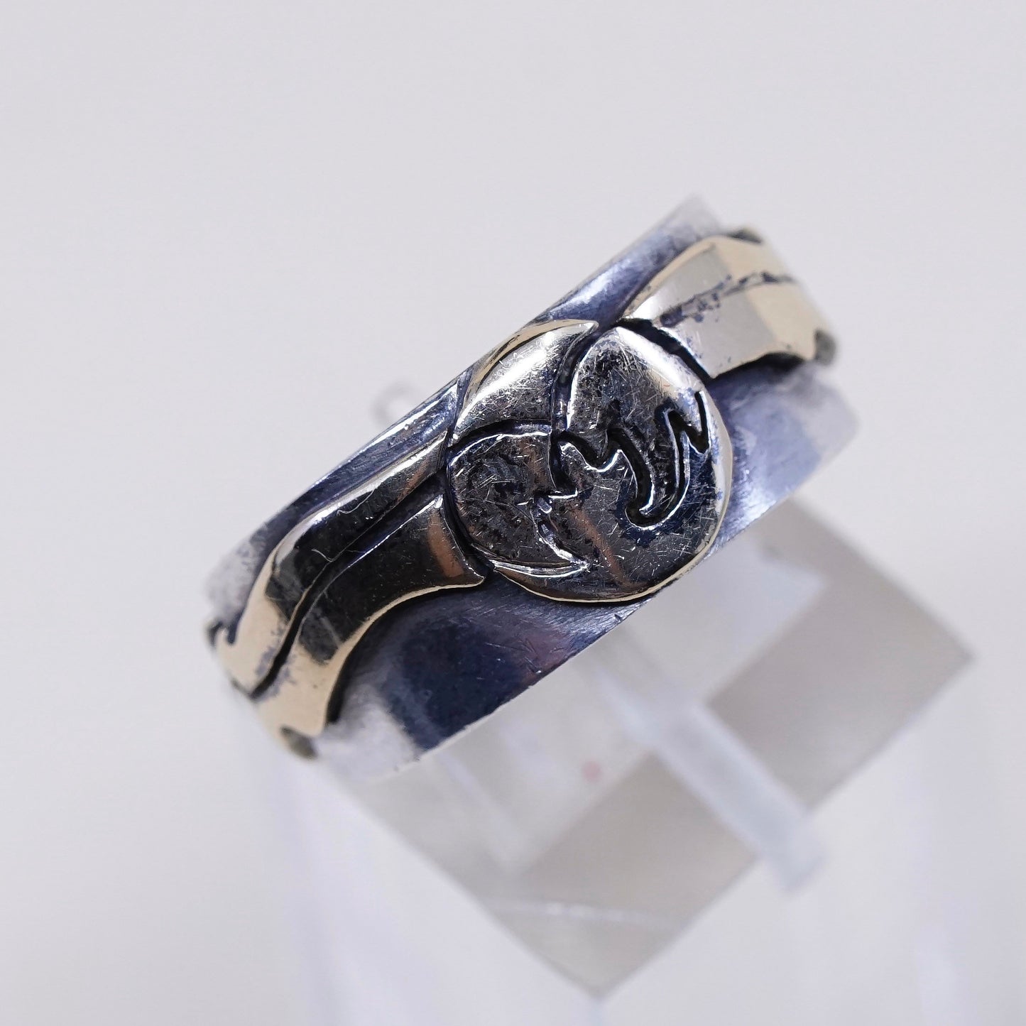 sz 8.75, vtg mexico 14K w/ sterling 925 silver handmade storyteller ring band