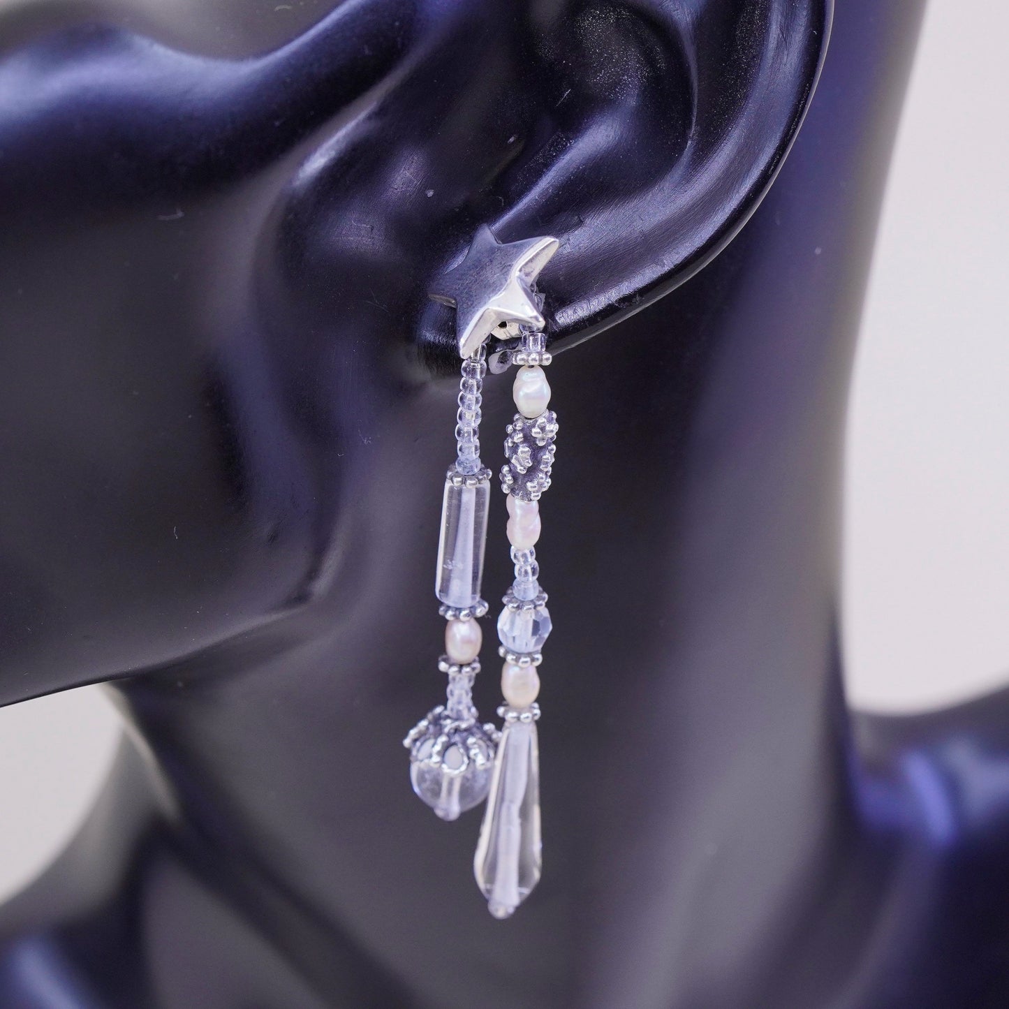 Sterling silver earrings, 925 star studs w/ cluster beads N pearl teardrop