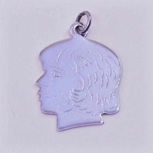 Vintage sterling silver handmade pendant, 925 portrait figure charm