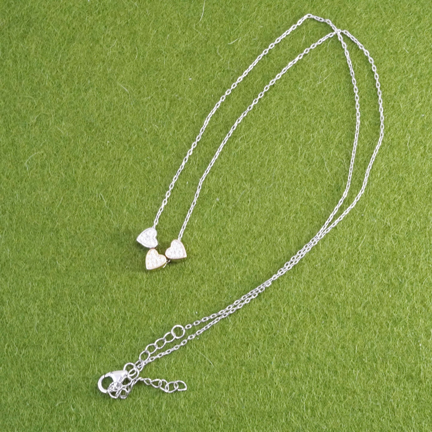 16+2”, sterling silver handmade necklace, 925 chain triple tone heart charms cz