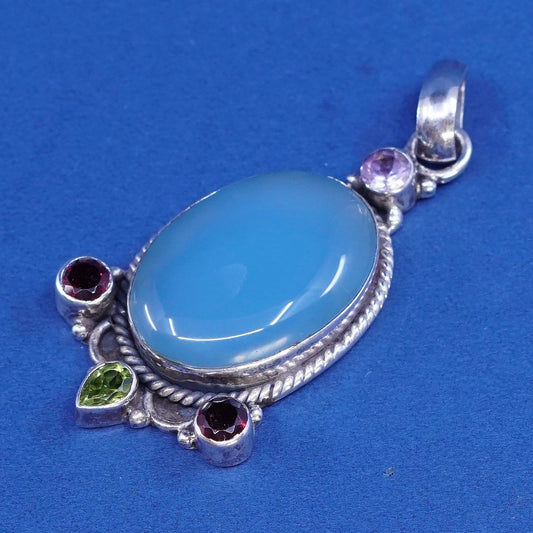 vtg Sterling 925 silver handmade pendant, prehnite peridot amethyst N Ruby