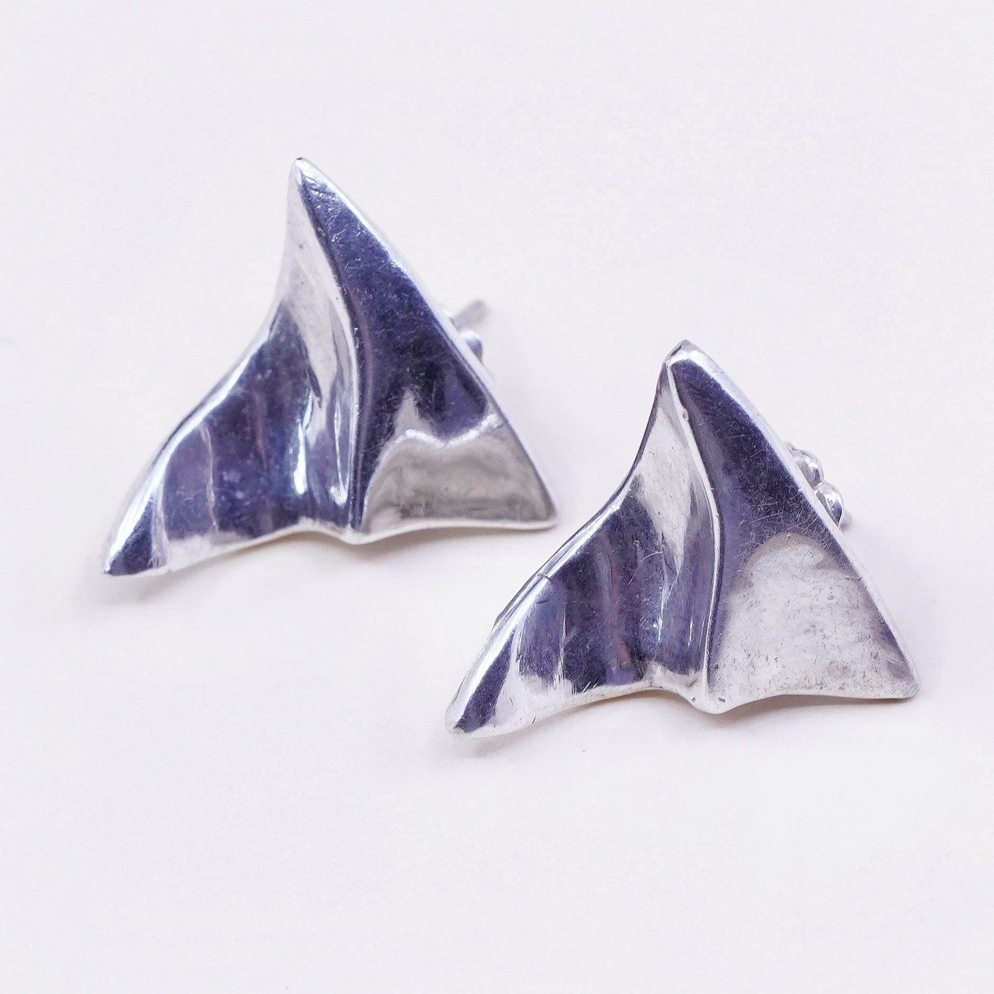 Vintage Sterling silver handmade earrings, 925 Ribbed origami studs