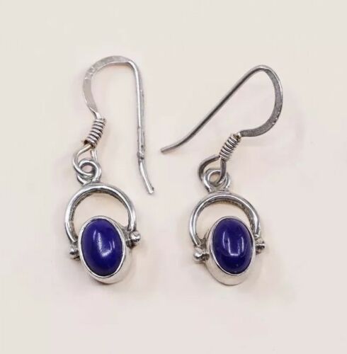 Vtg Sterling Silver Handmade Earrings, 925 Silver W/ Blue Onyx Inlay