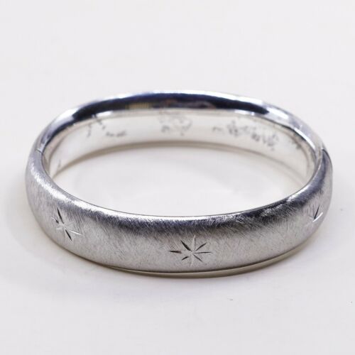 7.25”, Eton Hollow Sterling 925 Silver Hinged Bangle W/ Star Pattern N Matt Surf