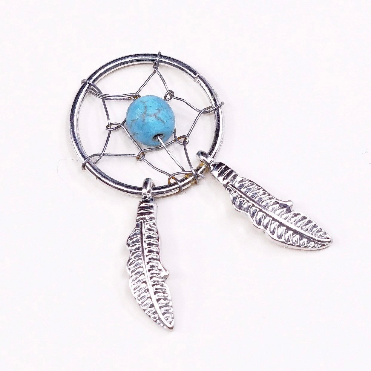 Sterling silver handmade pendant, 925 circle net charm w/ turquoise n feather