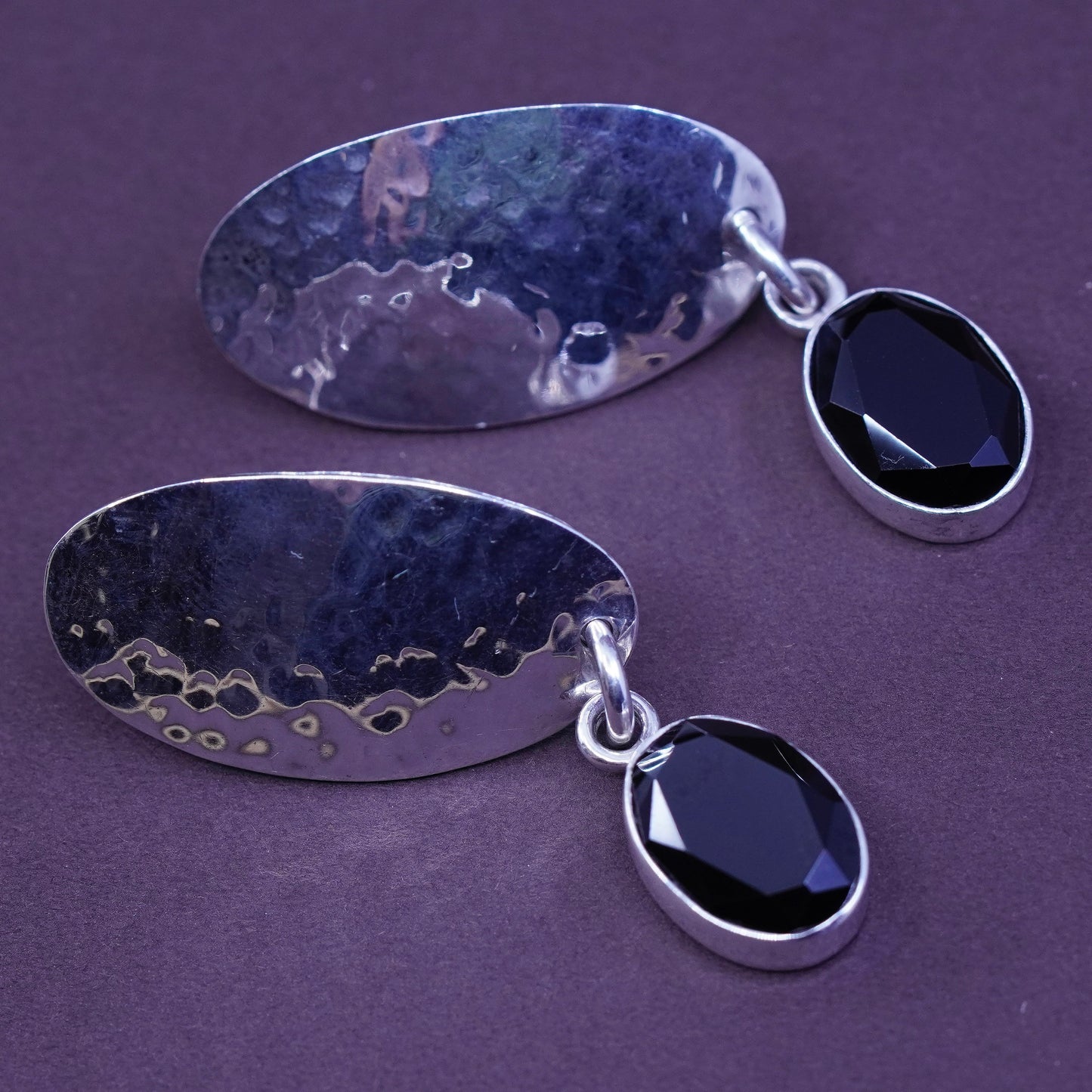 handmade sterling silver earrings, 925 oval hammered disc with obsidian dangles