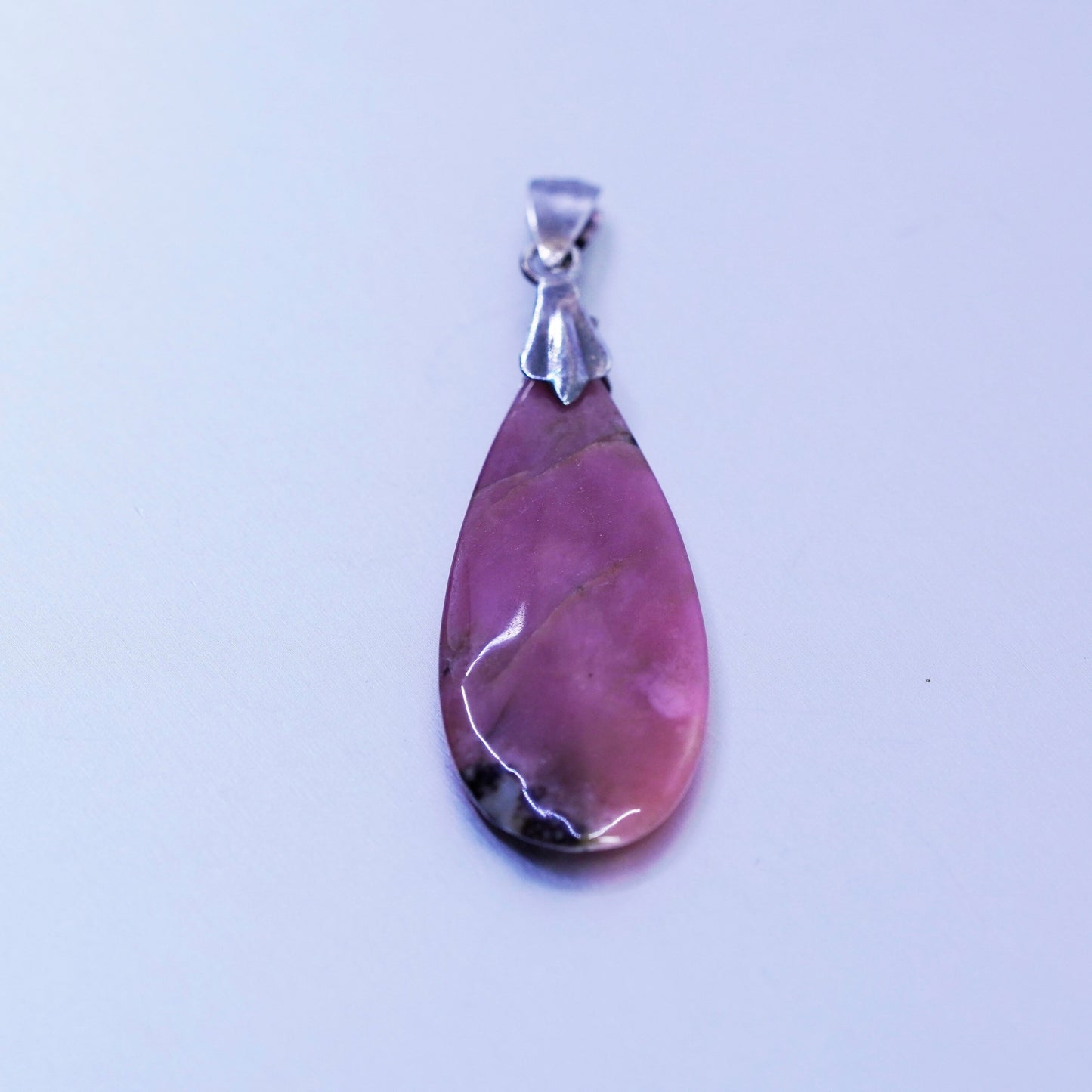 antique sterling 925 silver teardrop pendant with pink jasper