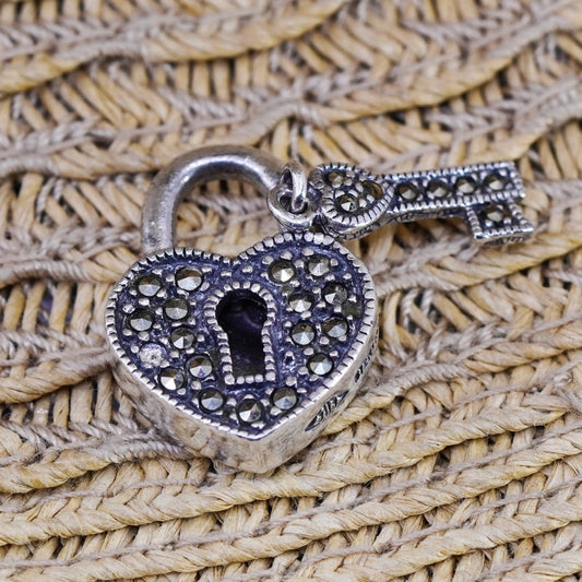 Judith jack sterling 925 silver handmade heart lock and key pendant marcasite