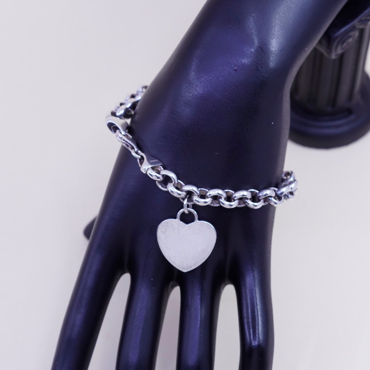 7”, 8mm, sterling silver circle bracelet, 925 chain heart charm toggle closure