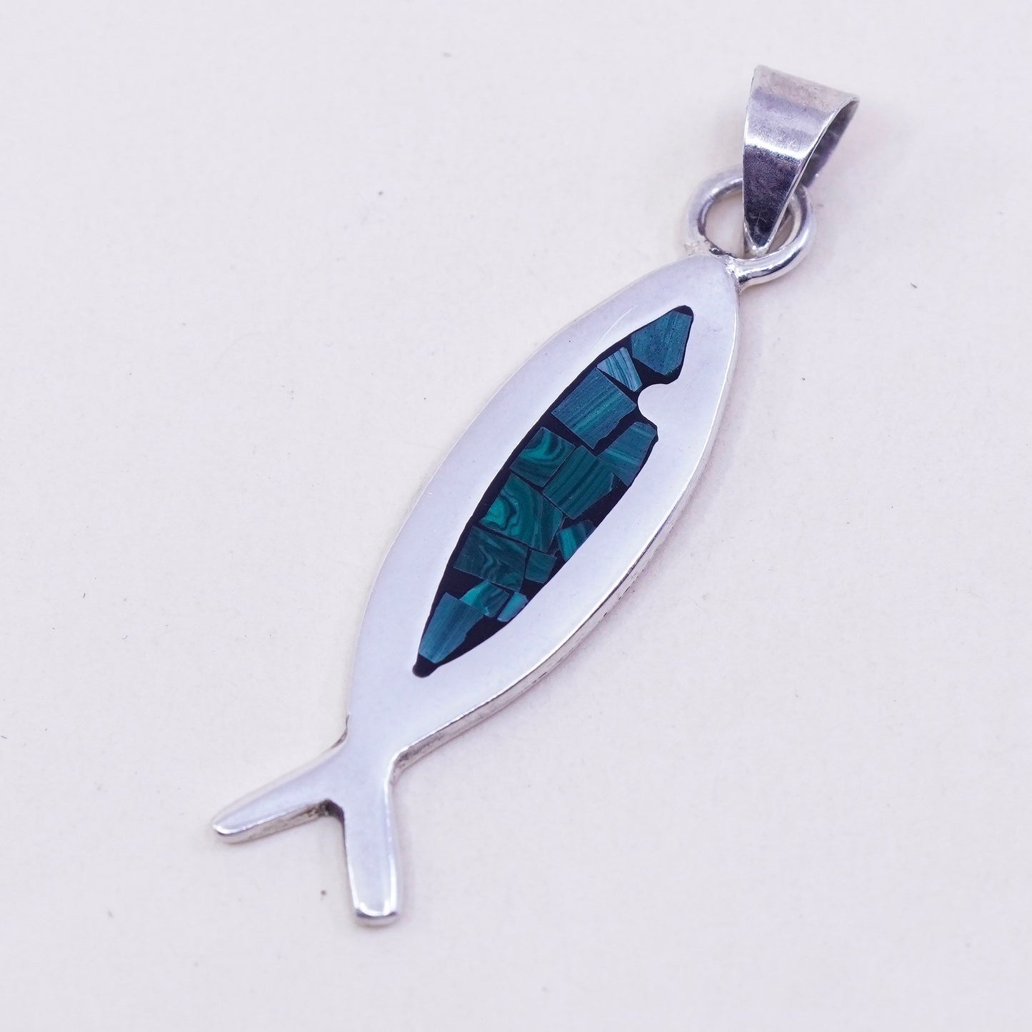 Vintage Mexico sterling silver handmade slide pendant, 925 fish with malachite