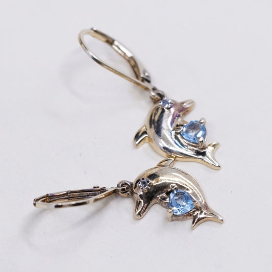 vermeil gold over sterling 925 silver handmade dolphin earrings w/ topaz heart