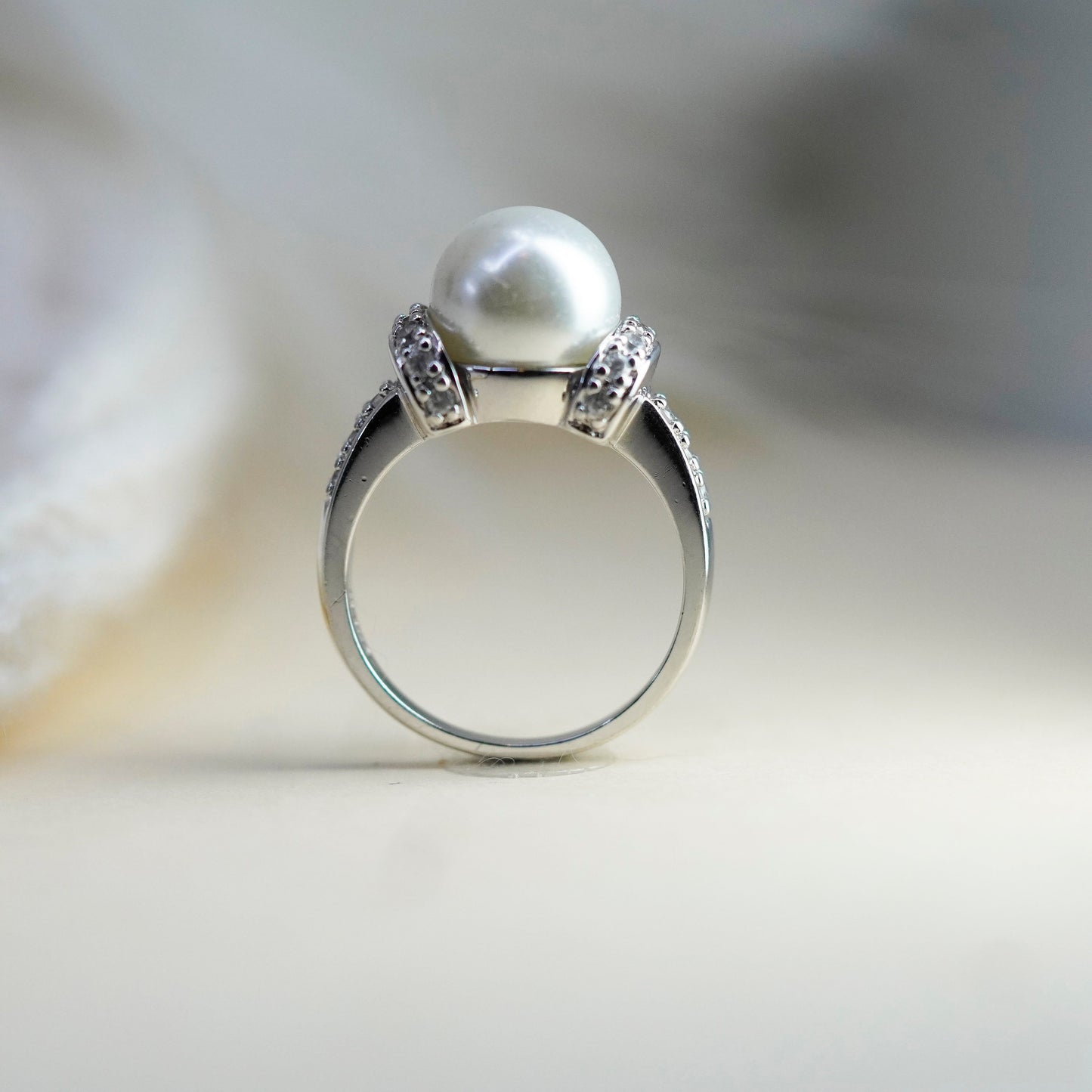 Size 7, Vintage sterling 925 silver handmade ring with faux pearl and cz