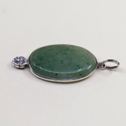 Vtg Sterling Silver Handmade Pendant solid 925 silver w/ Oval jade N Flowrt