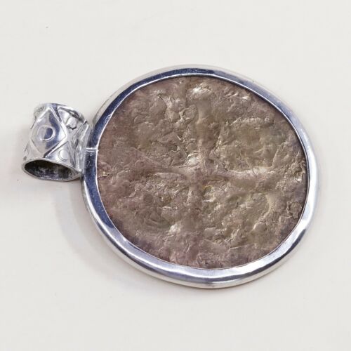 Vtg two tone Sterling silver pendant, 925 Handmade Circle Tag W/ Copper Inside