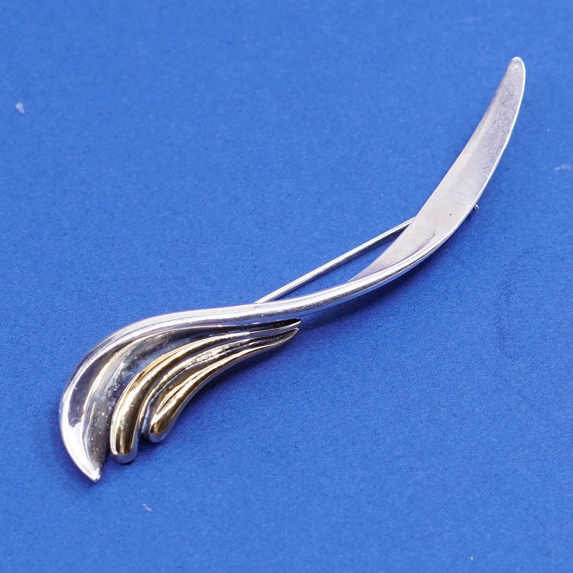 vtg two tone Sterling silver handmade brooch, mexico 925 modern wavy pin