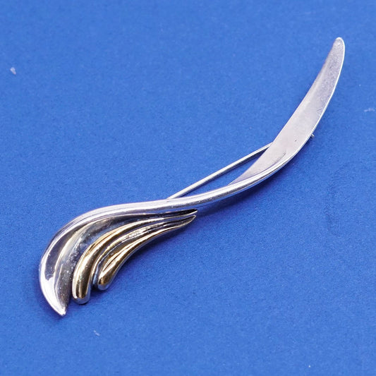 vtg two tone Sterling silver handmade brooch, mexico 925 modern wavy pin