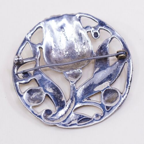 VTG Sterling Silver Handmade Flower Floral Tulip W/ Leaves Brooch Pin