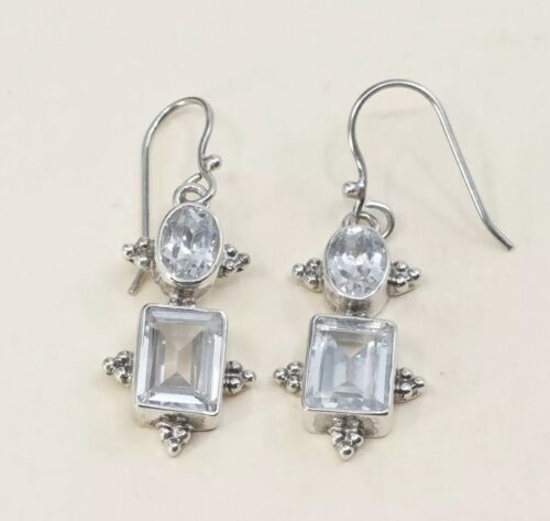 Vtg Sterling silver Handmade earrings w/ Clear Cz Drop Details, Stamped 925