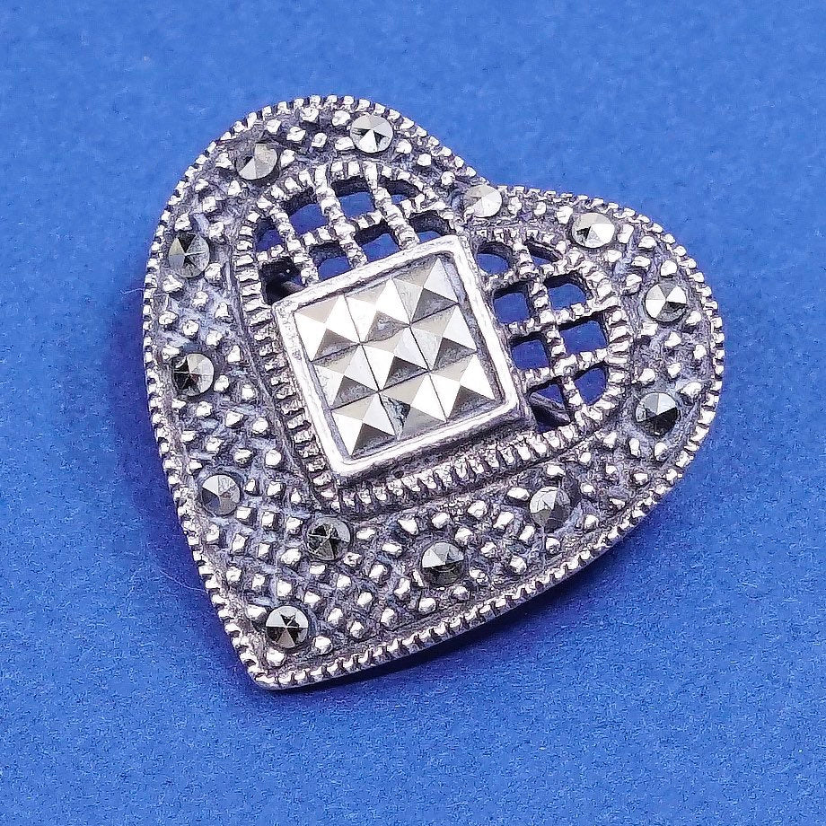 vtg sterling silver handmade brooch, oxidized 925 heart pin marcasite