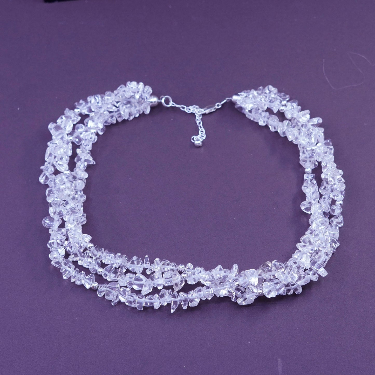 15+2”, triple strand handmade crystal beads necklace, Sterling 925 silver clasp