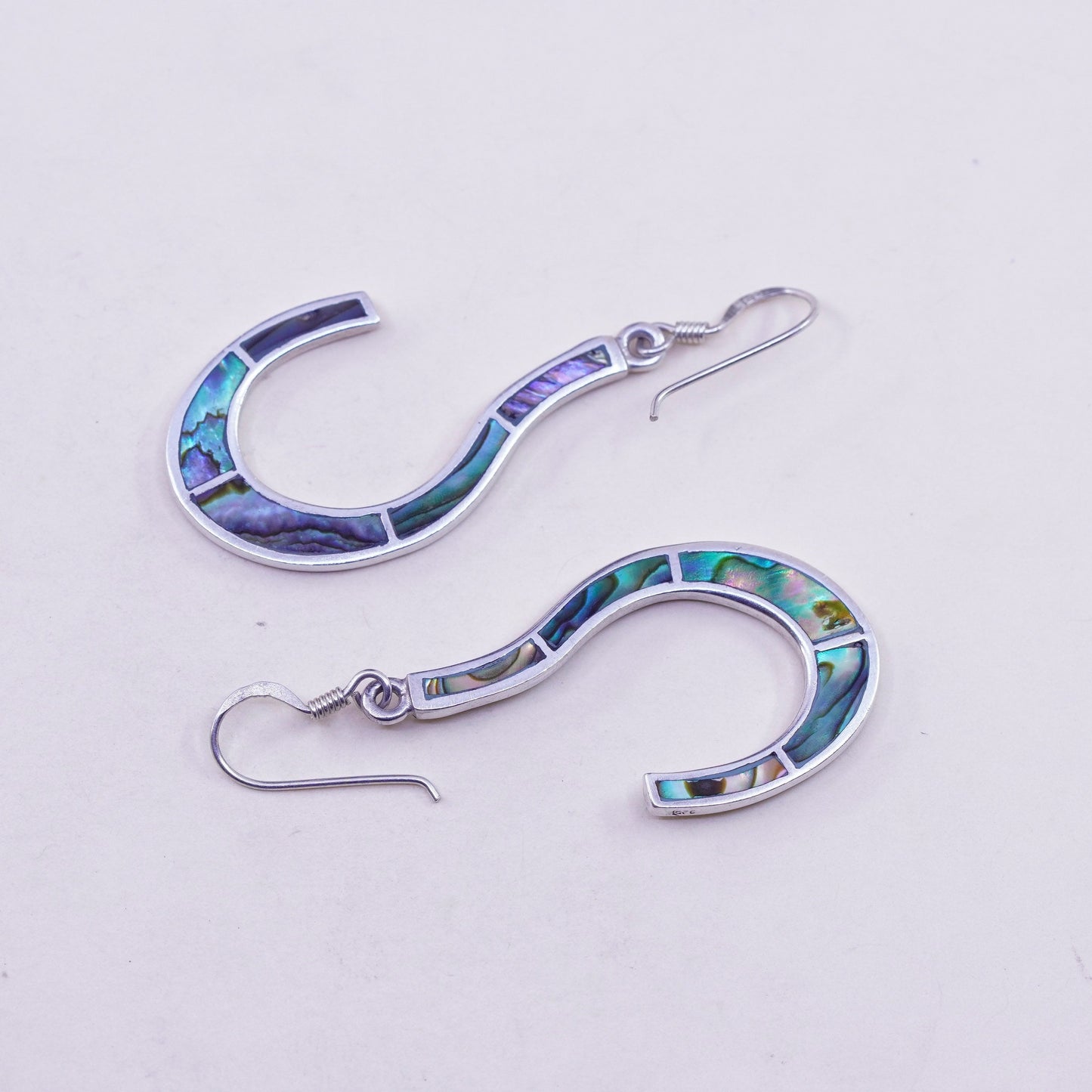 Vintage Sterling 925 silver handmade earrings, dangles with abalone inlay
