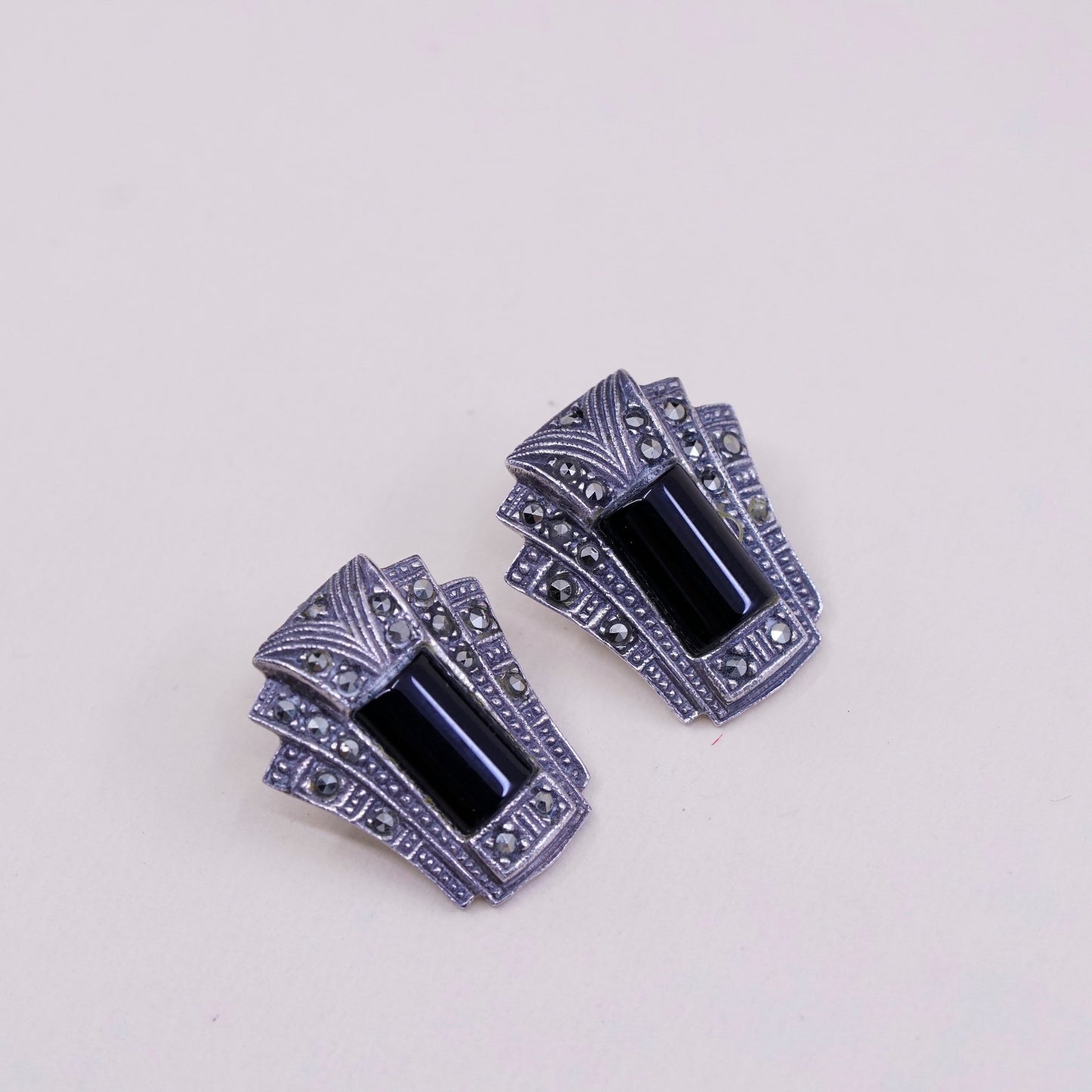Vintage Judith Jack Sterling 925 silver earrings with Marcasite and obsidian
