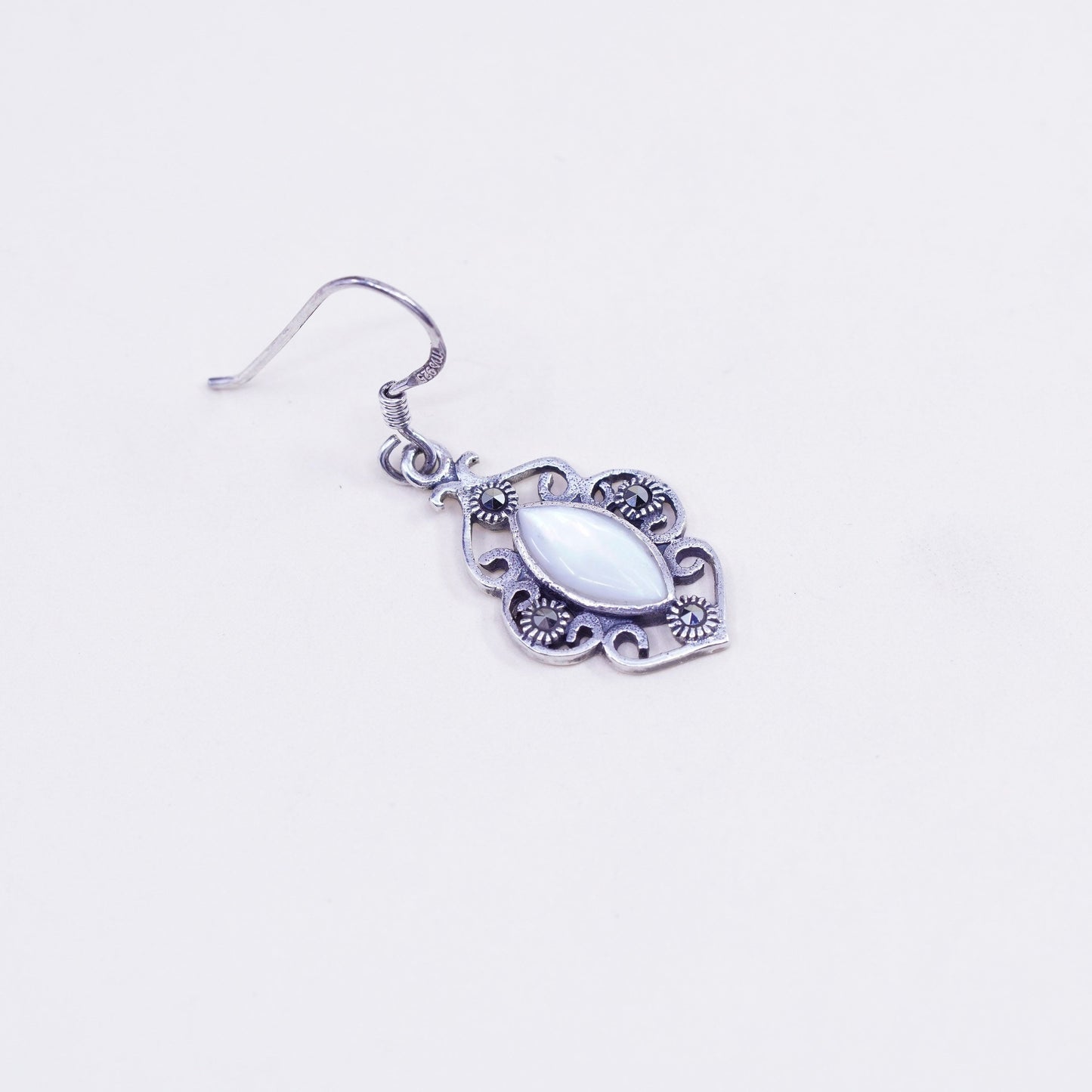Vintage sterling silver handmade earrings, 925 marquise w/ moonstone marcasite