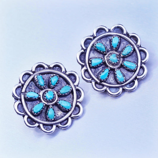 Native American Zuni Sterling 925 silver earrings, flower clip on turquoise