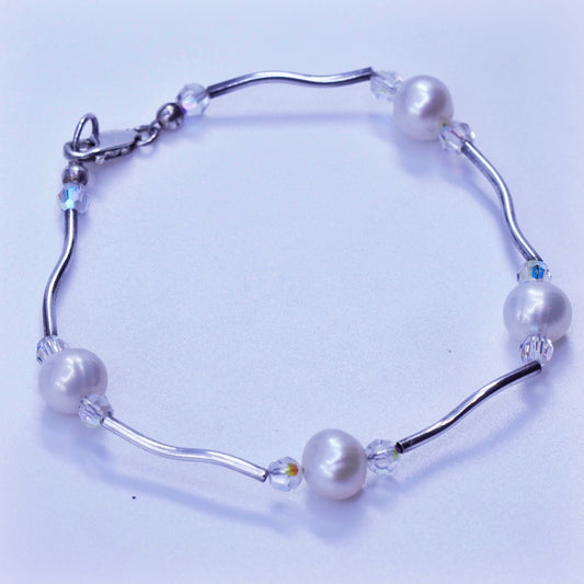 6.75”, vintage Sterling 925 silver curvy wavy bracelet with pearl