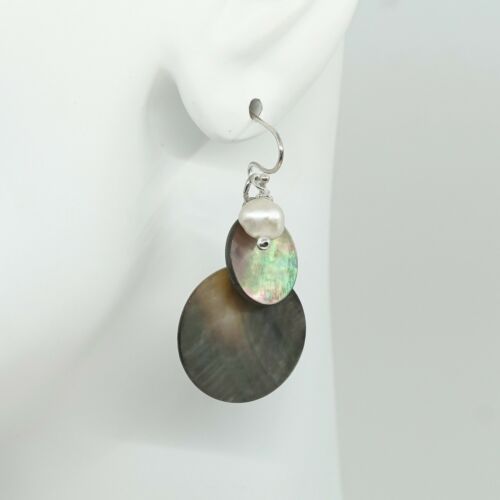 Vtg Sterling Silver Handmade Earrings, 925 Silver W/ abalone Disks N Pearl