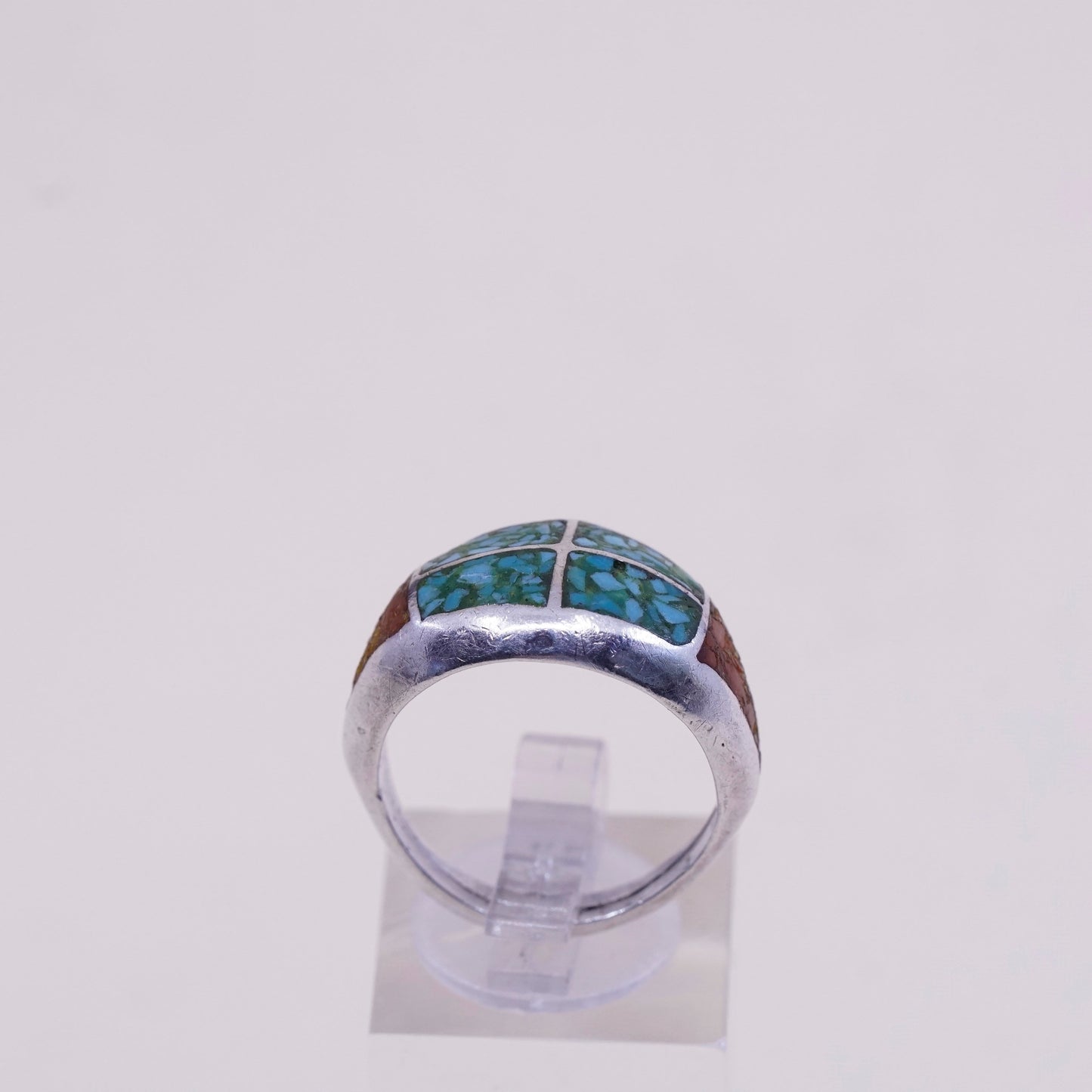 sz 9, natives American Sterling 925 silver handmade ring w/ turquoise N coral