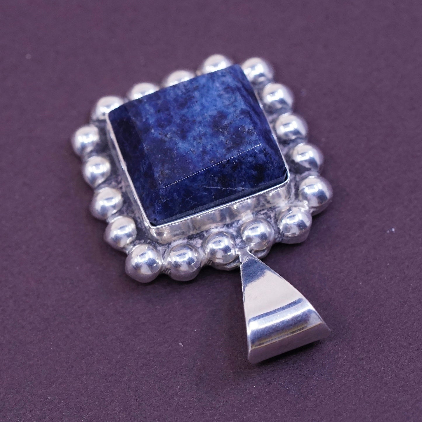 vtg Sterling silver handmade pendant, Mexico 925 w/ square sodalite N beads