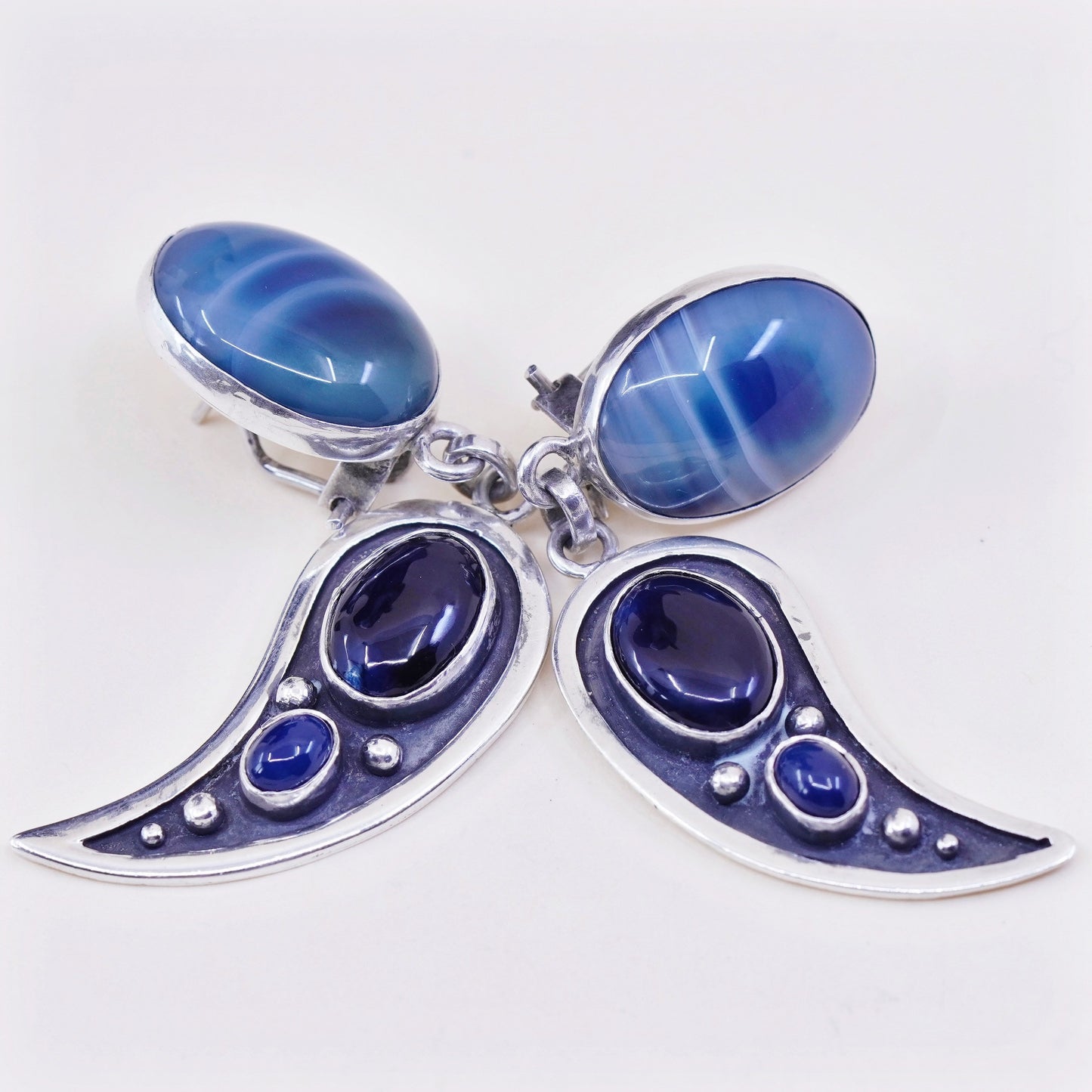 Vintage Sterling 925 silver handmade earrings with blue agate N obsidian lapis