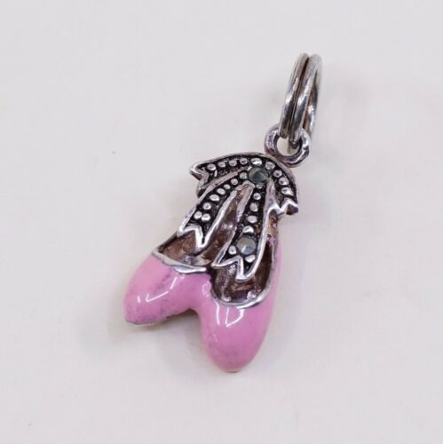 Vintage Sterling 925 Silver Pink Enamel Ballerina Shoes Pendant Charm, Stamped