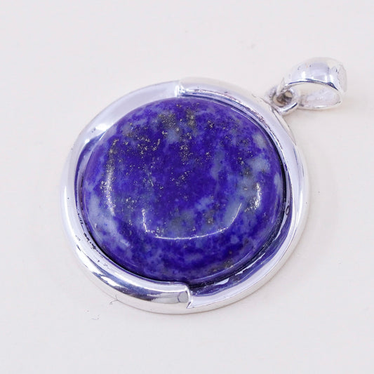 Vintage Sterling silver handmade pendant, 925 circle with round lapis lazuli