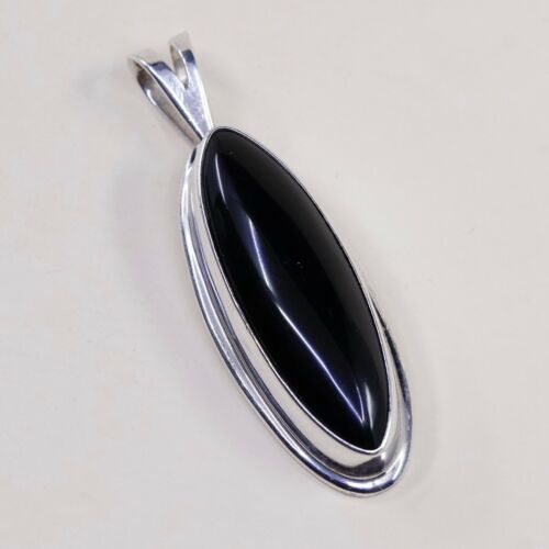 Vtg Sterling Silver Handmade Pendant solid 925 w/ Obsidian, stamped 925 JKI