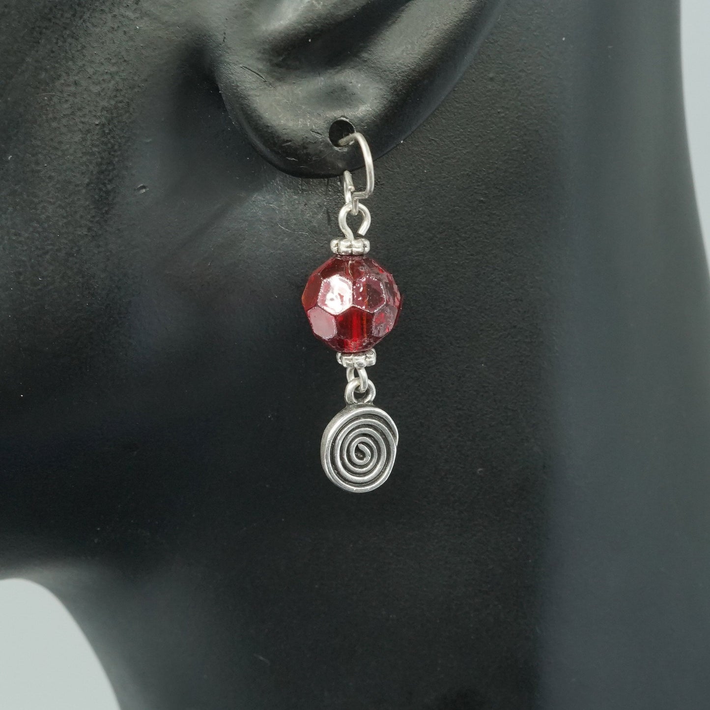 vtg Sterling Silver handmade Earrings w/ red glass beads, 925 swirl dangles