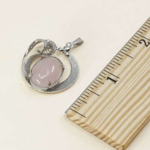 Vtg Sterling Silver Handmade Filigree Pendant W/ Pink Quartz, stamped FFF Ster