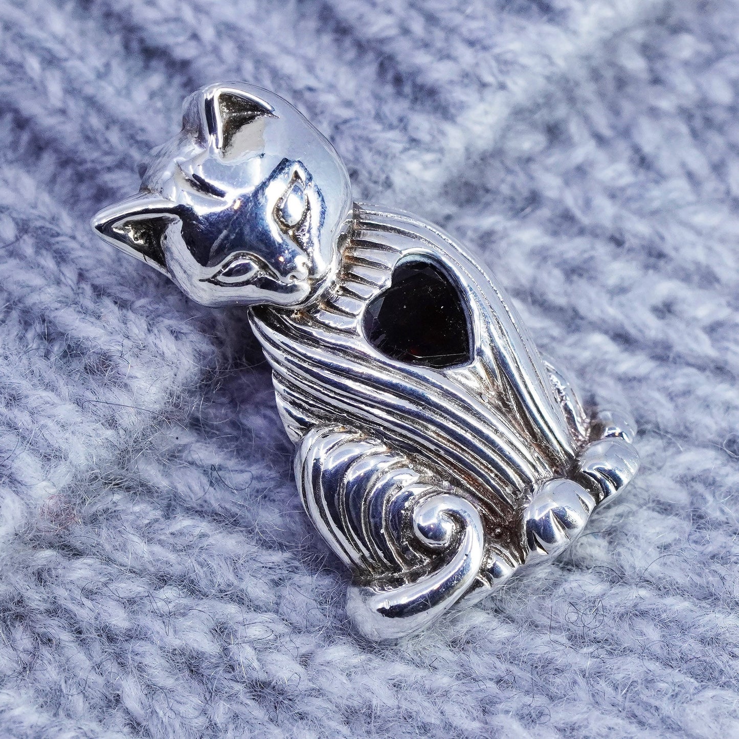 antique sterling 925 silver cat kitty pendant brooch with heart ruby