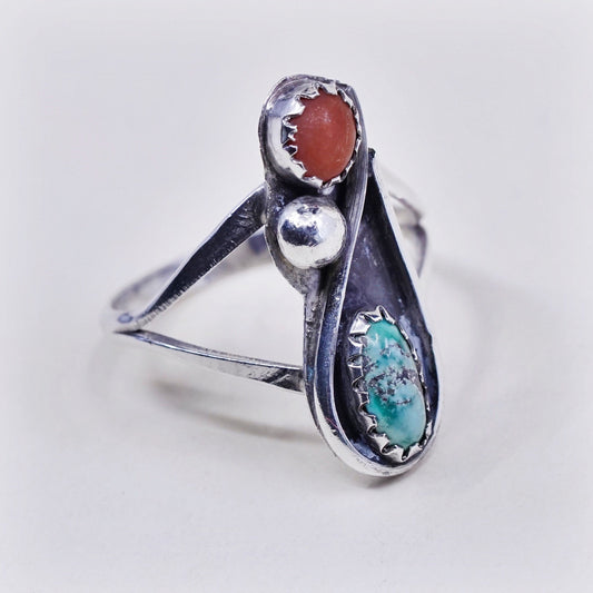 sz 6, vtg sterling 925 silver Native American Navajo ring w/ turquoise, coral