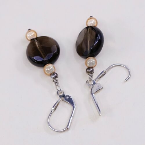 Vtg STERLING 925 SILVER Handmade Lever Back earrings with Smoky Crystal dangles