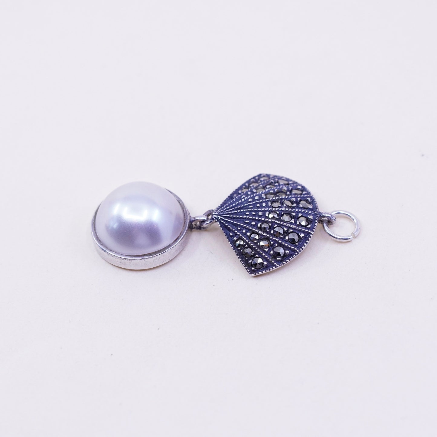 vtg Judith Jack sterling 925 silver handmade teardrop pendant pearl marcasite