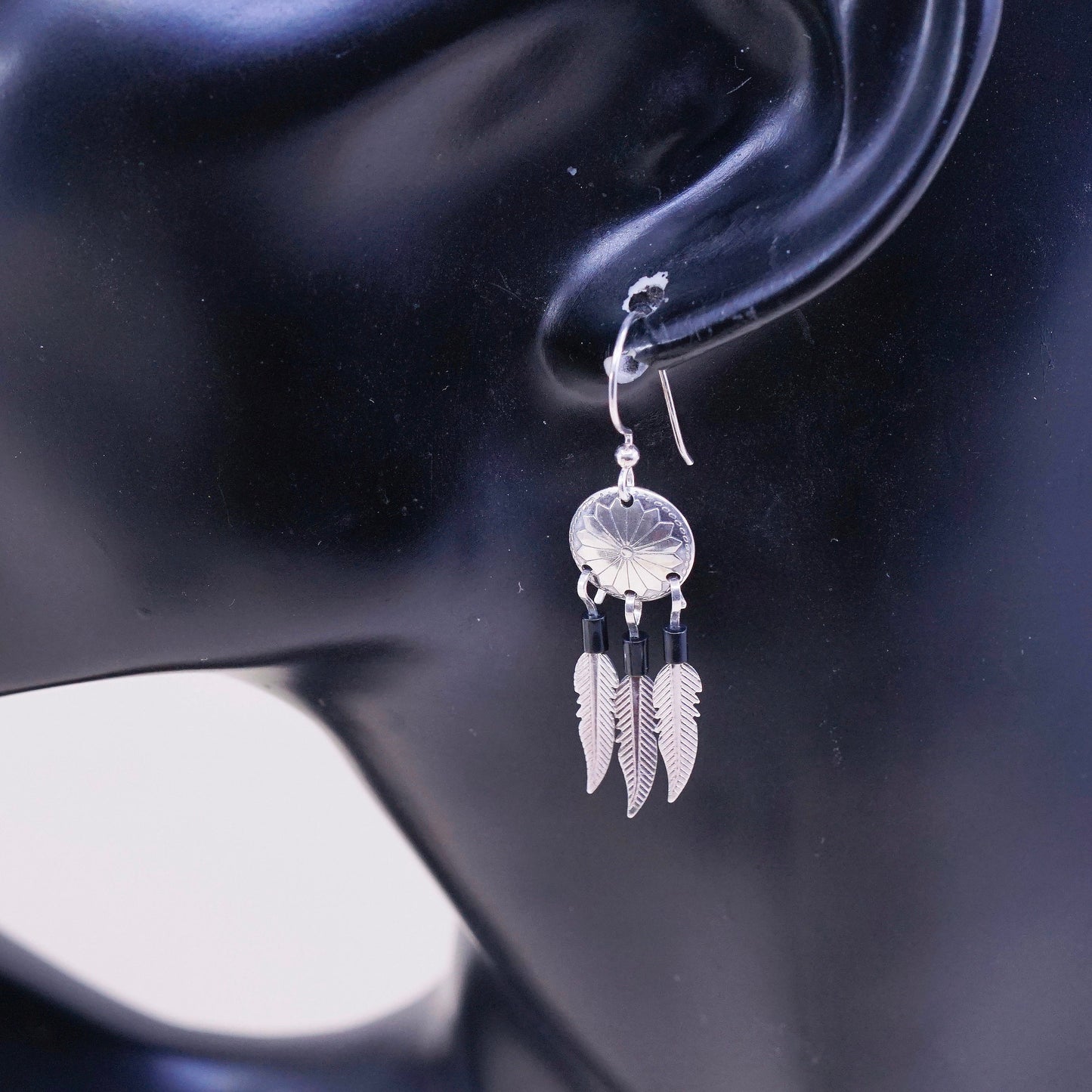 vtg USA Sterling silver handmade earrings, navajo 925 disc w/ obsidian feather