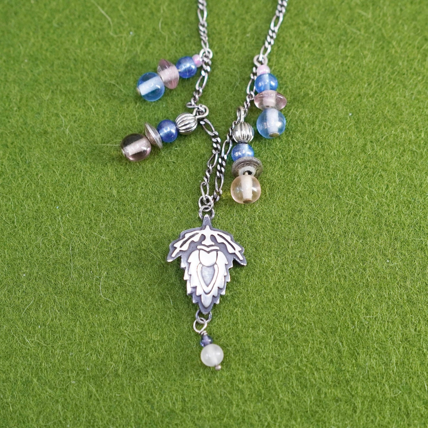 20”, far fetched sterling silver necklace, 925 figaro chain w/ blue glass beads