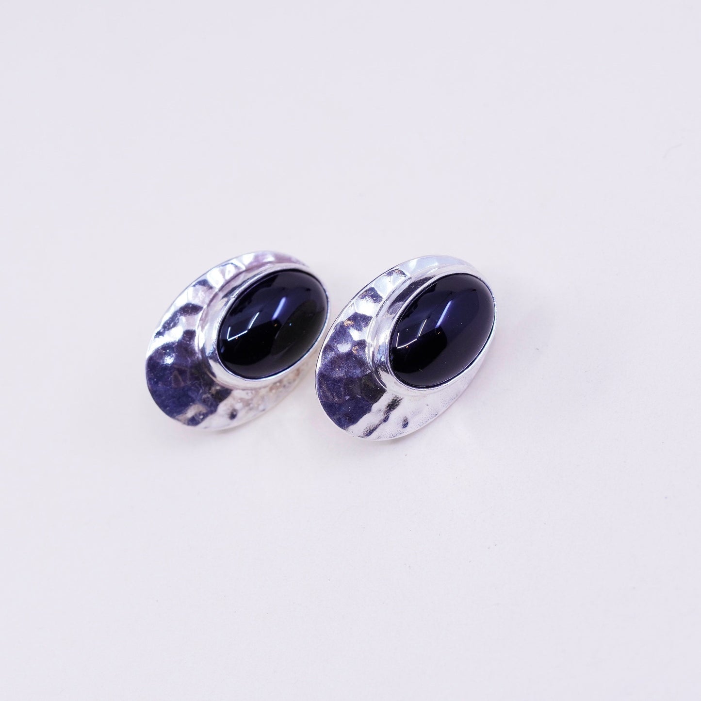 vtg Shube Sterling silver handmade earrings, 925 hammered stud oval obsidian