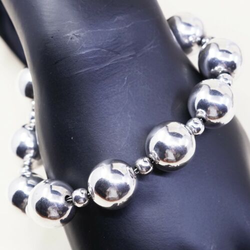 7”, Vtg Mexico Sterling Silver Huge Ball Bead Bracelet Box Clasp Safety Chain