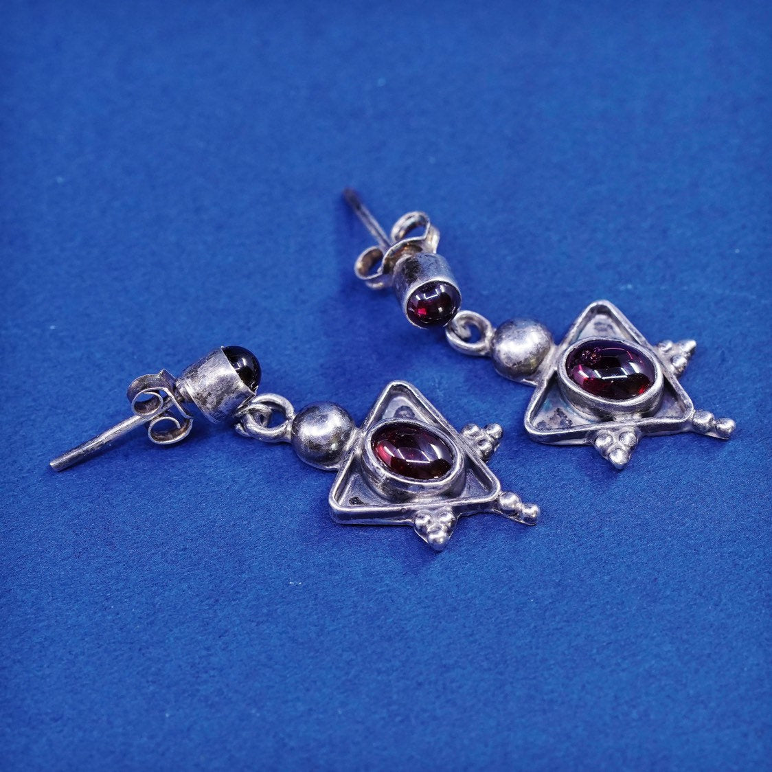 vtg sterling silver handmade earrings, 925 triangular w/ garnet and beads