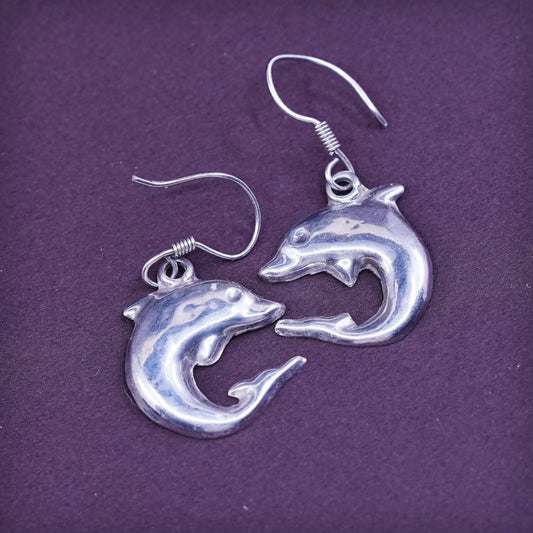 vtg Sterling silver handmade earrings, 925 dolphin dangle