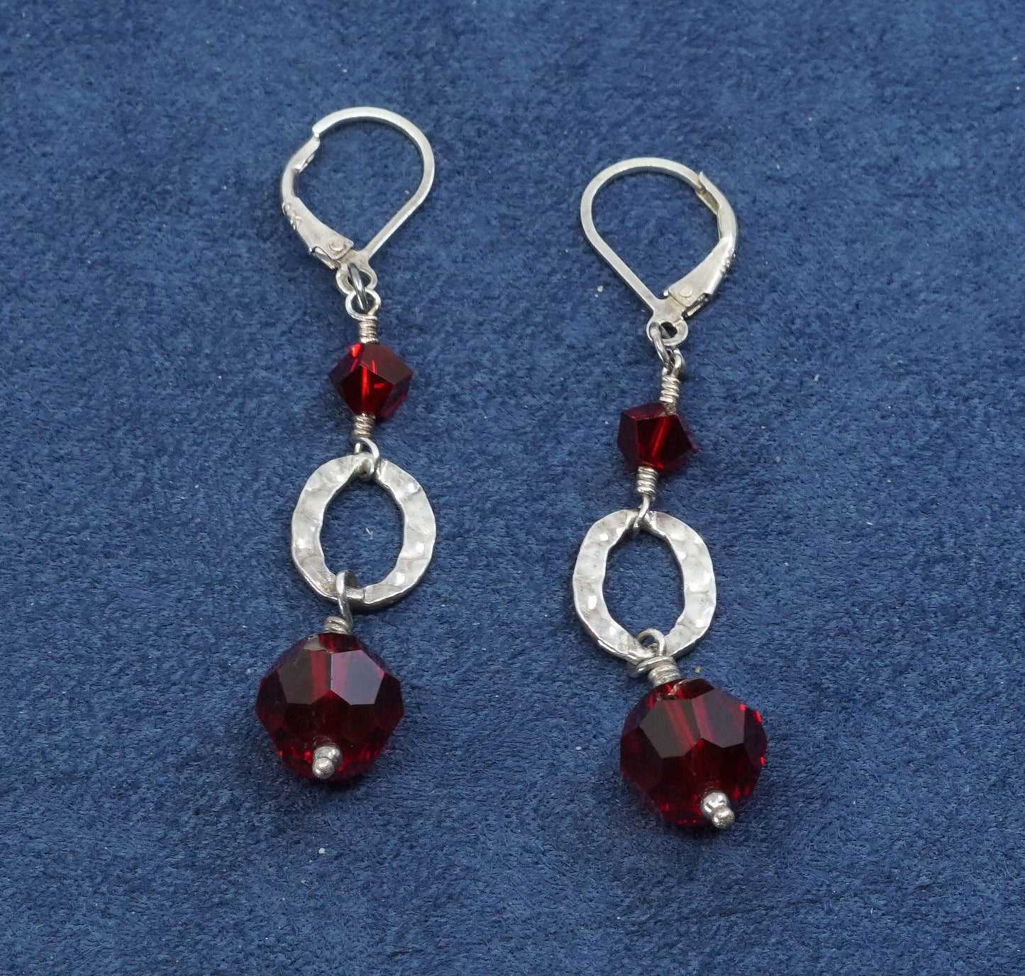 vtg Sterling silver handmade earrings, 925 circle w/ red crystal bead dangles