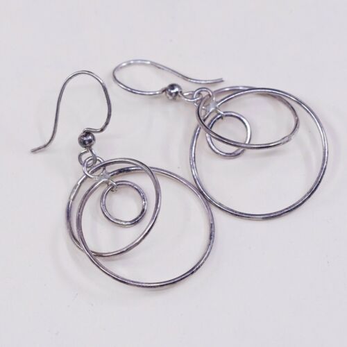 Vtg Sterling Silver Handmade Earrings, Mexico 925 circle dangles, Silver Tested